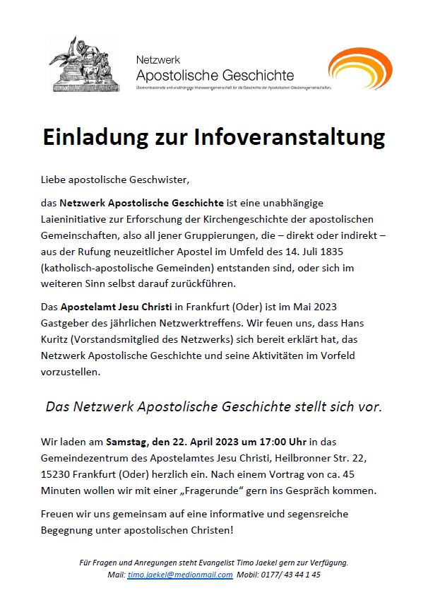 Einladung zur Infoveranstaltung Netzwerk Apostolische Geschichte in Frankfurt Oder @ AJC FFO